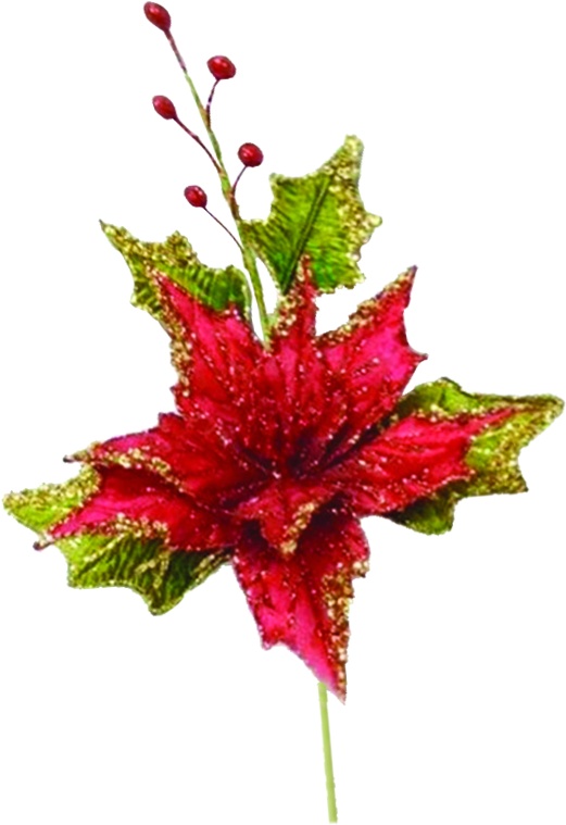 46cm Poinsettia w/ Pick - Red/Olive/Gold