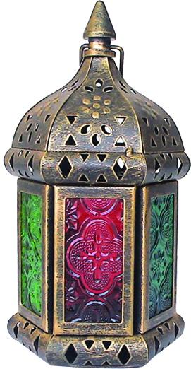 9.8cm x 8.2cm x 17cm Black-brushed Gold Lantern with Coloured Glass