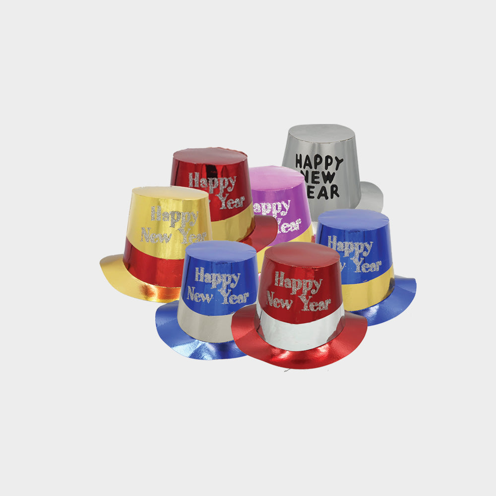 Printed Red Happy New Year Hat with Silver Ribbon