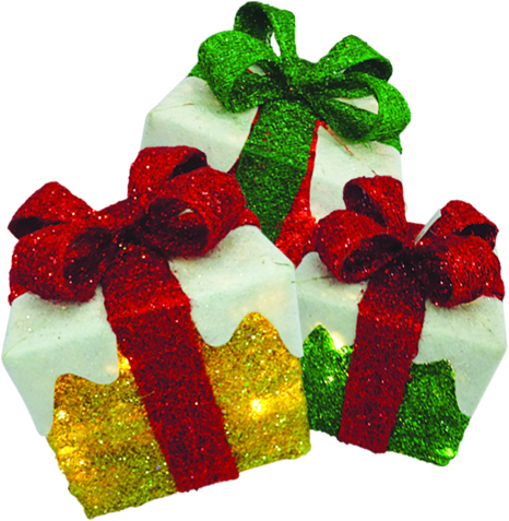 15, 20, 25cm Light-up Snowy Gift Box Set - Gold/Red/Green