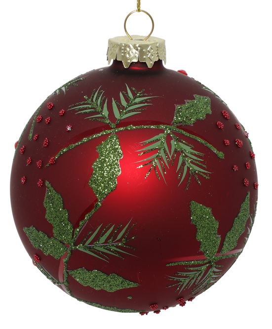 10cm Glittered Glass Ball - Red/Green