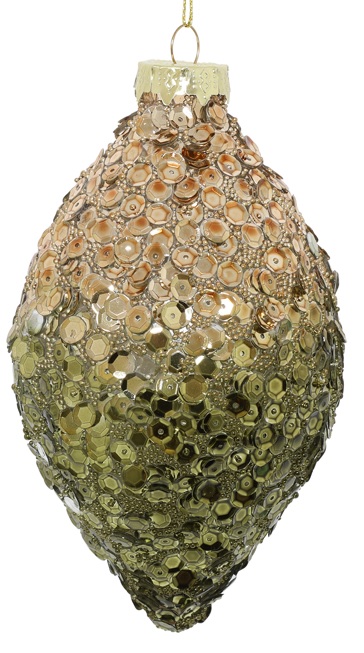 13cm Sequined Glass Drop - Green/Gold
