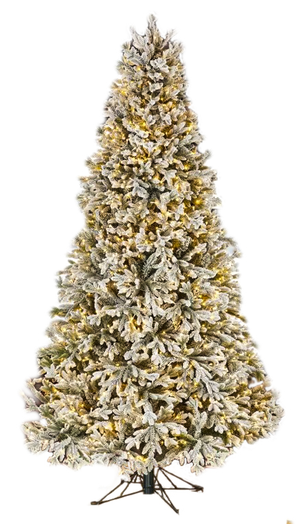 8' (2.4m) Pre-lit Flocked Tree - Snowy, 600 LED Lights, 150cm bottom diameter