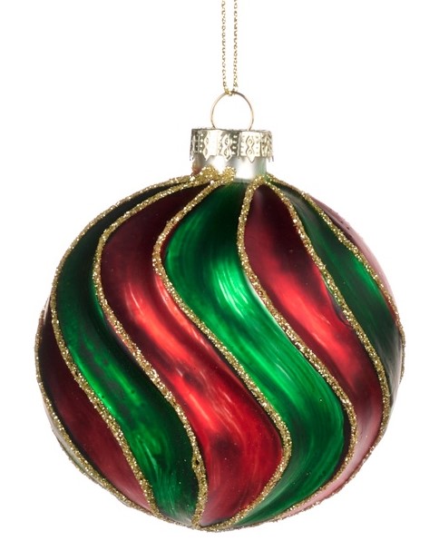 8cm Swirl Stripe Glass Ball - Red/Green/Gold