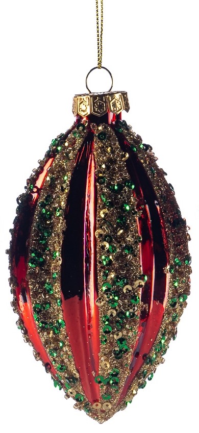 12cm Sequined Glass Teardrop - Red/Gold/Green