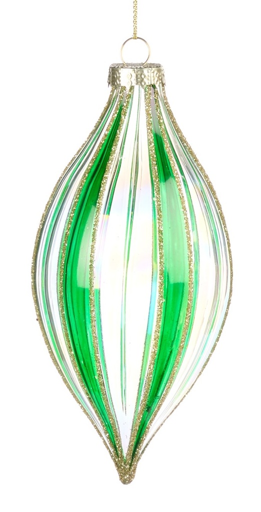 13cm Glittered Stripe Glass Teardrop - Green/Gold