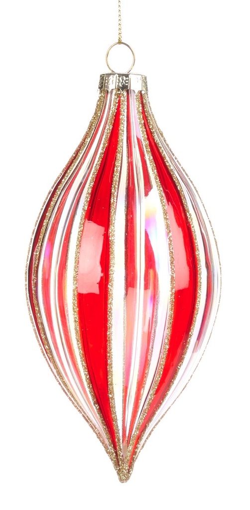 13cm Glittered Stripe Glass Teardrop -Red/Gold