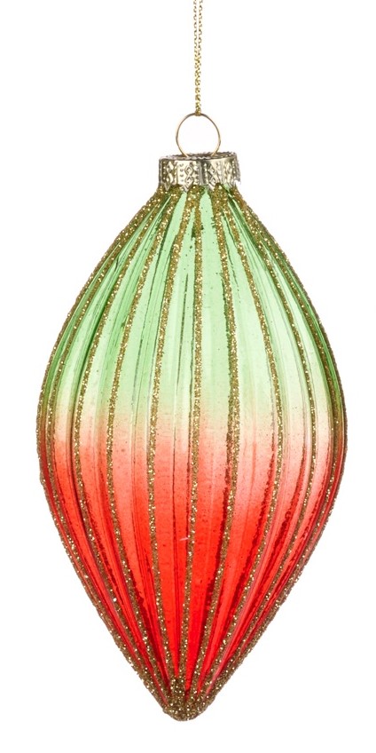 12cm Ribbed Gradientl Glass Teardrop - Red/Green/Gold