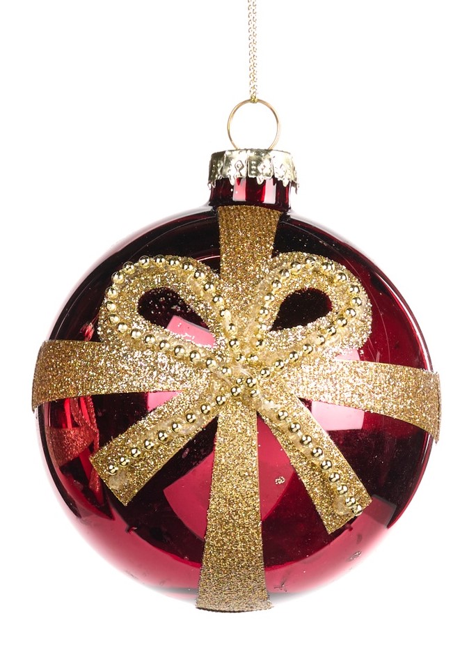 8cm Glittered Glass Ball - Red/Gold