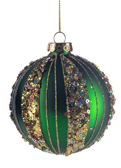 8cm Sequined Glass Ball - Green/Multicolour