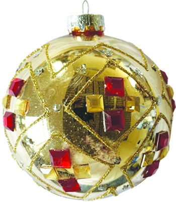 [HH231] 12cm Shiny Glass Ball w/ Gems - Gold/Red