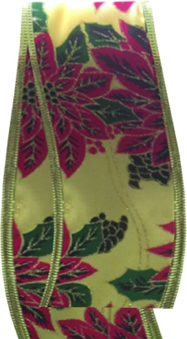 [WR019] 9.1m x 6cm Satin Ribbon w/ Design - Gold/Red/Green