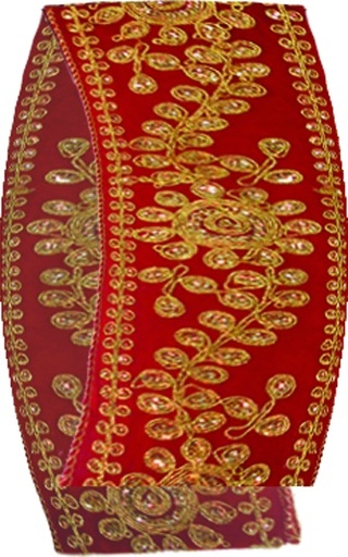[HE096] 10m x 8cm Embroidered Ribbon - Red/Gold