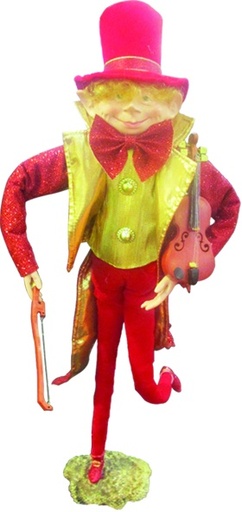 [TP033] 26" Standing Elf Holding Violin - Gold/Red