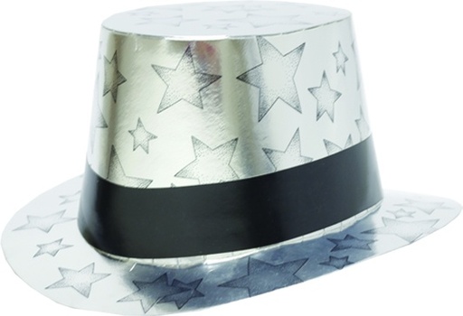 [Y802] Foil Top Hat w/ Stars - Silver/Black