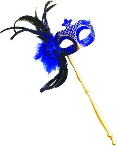 [CF011-B] Feather Mask w/ Gold Stick - Blue