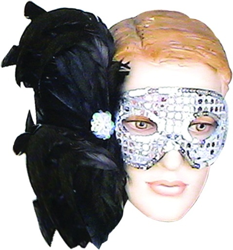 [CM22-SBK] Sequined Feather Mask - Silver w/ Black Feather