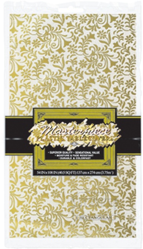 [50941-GD] 2.7m x 1.35m Plastic Lace Rectangular Tablecover - Gold
