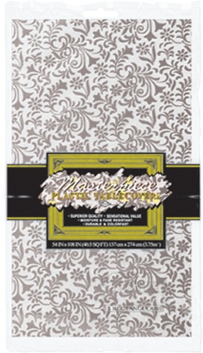 [50941-S] 2.7m x 1.35m Plastic Lace Rectangular Tablecover - Silver
