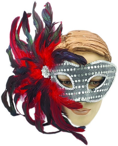 [CM22-SR] Silver Mask w/ 80% Red Feather & 20% Black Feather