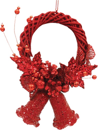 [8416-R] 23cm Ornamental Wreath with Bells - Red