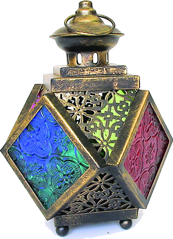 [13829] Brushed Lantern with Coloured Glass, 16cm