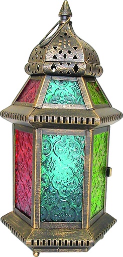 [13910] Brushed Lantern with Coloured Glass, 29cm