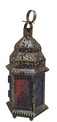 [ZJ004] Brushed Lantern with Coloured Glass, 21cm