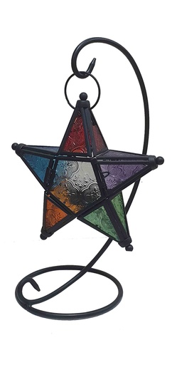 [ZJ007] Brushed Star Lantern with Coloured Glass And Stand, 33cm