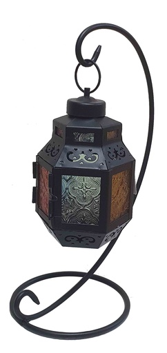 [ZJ008] Brushed Lantern with Coloured Glass with Stand, 33cm
