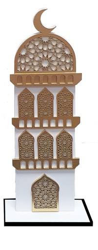 [RM214] 26cm High Wooden Mosque Centerpiece, White/Gold