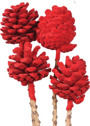 [GL025LV-15-R] Velvet Flocked Pinecone with Stem, 7-8cm