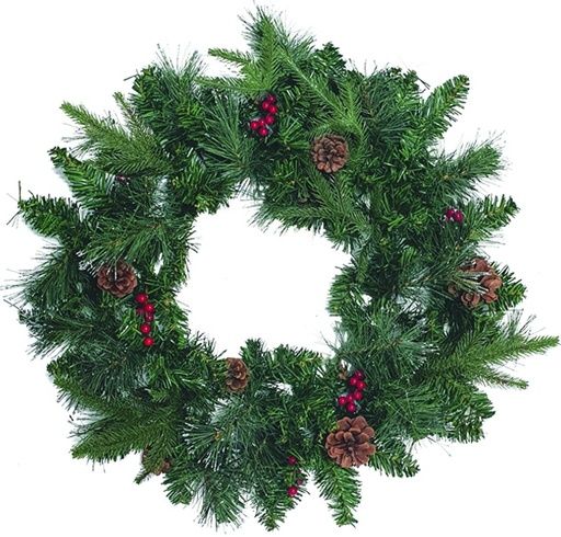 [DE012-24GT] 24" Wreath w/ Berries, Pine Cones and Glitter - Green