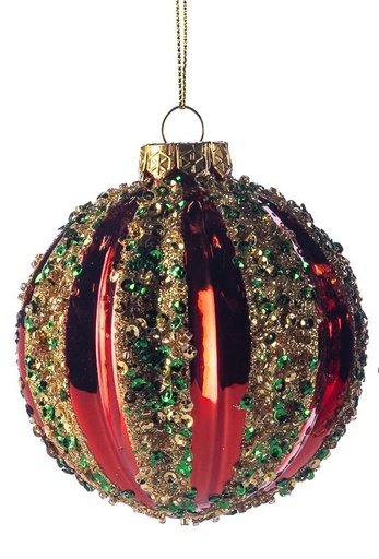 [GW018-A] 8cm Sequined Glass Ball - Red/Gold/Green