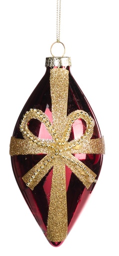 [GW027-B] 12cm Glittered Glass Teardrop - Red/Gold