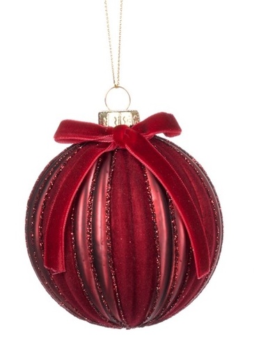 [GW028-A] 8cm Ribbed Glass Ball with Bow- Red
