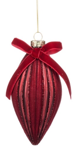 [GW028-B] 12cm Ribbed Glass Teardrop with Bow - Red