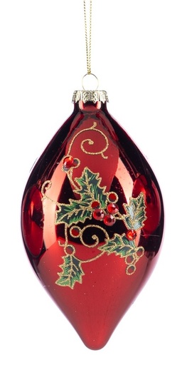 [GW034-B] 15cm Holly Berry Glass Teardrop - Red/Green