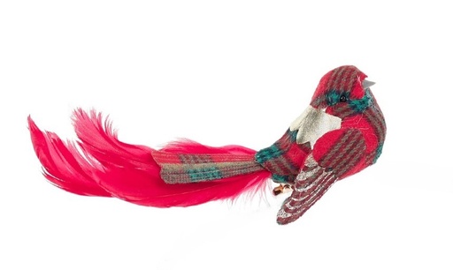 [GW037] 20cm Fabric Tartan Plume Bird on Clip